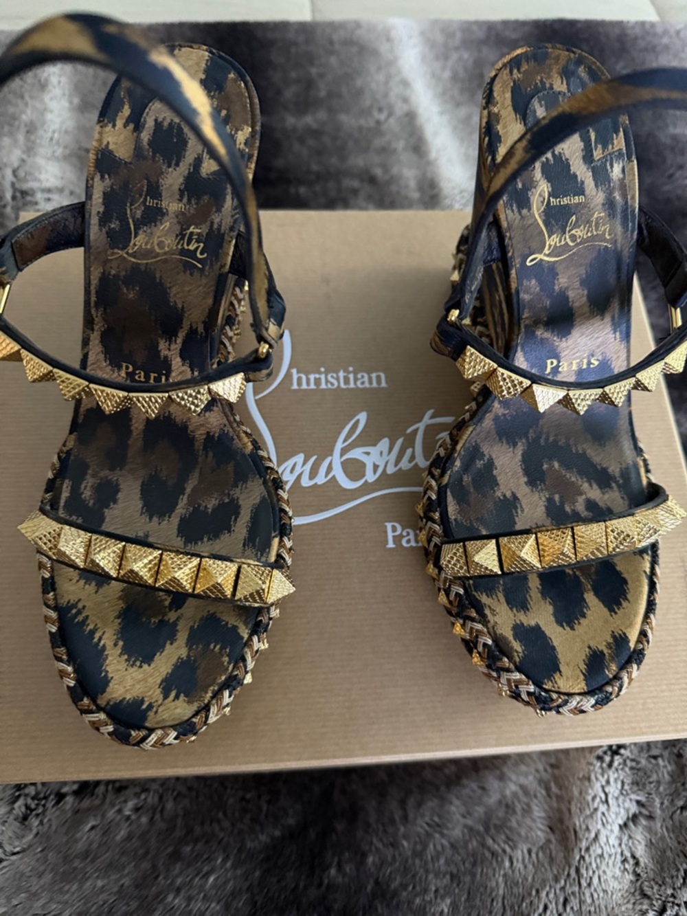 Christian Louboutin Leopard-Print Studded Sandals in Brown and Gold